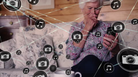 Elderly Woman Using Smartphone with Digital Network Overlay