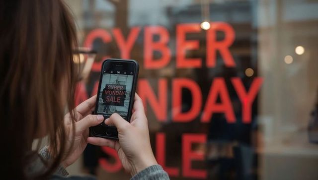 Woman using smartphone to document cyber monday sale sign through storefront window