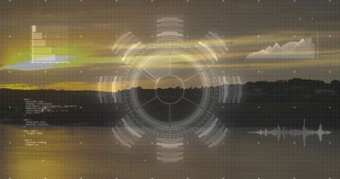 Futuristic hud reticle overlaying sunset lake landscape, grid charts and circular interface