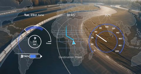 Electric car interface with futuristic navigation display