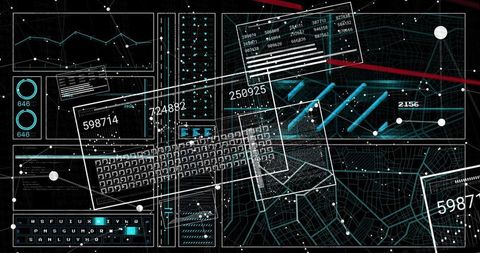 Holographic Data Dashboard with Wireframe Map, Numeric Overlays and Network Analytics