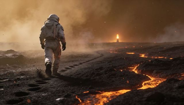Astronaut Walking Across Molten Lava Plain Leaving Deep Footprints Toward Distant Beacon