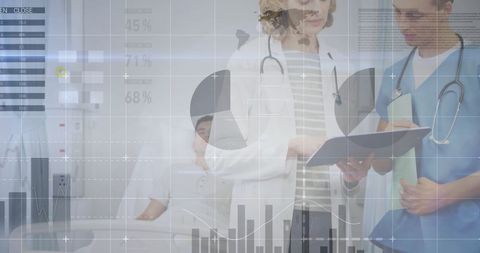 Healthcare Professionals Analyzing Data with Financial Overlay