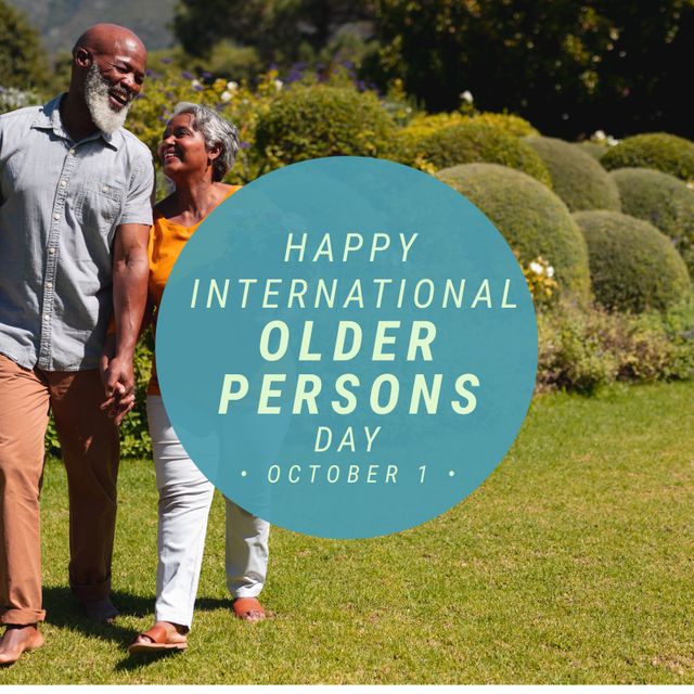 Senior man and woman holding hands and celebrating International Older Persons Day in a beautifully landscaped park. Ideal for promoting events, social campaigns, and content focusing on elderly well-being, love, and companionship in later years.