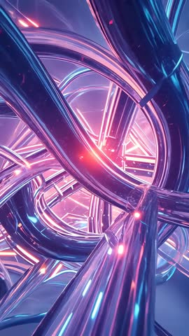 Gliding through chrome braided torus tunnel revealing neon magenta core in vertical CG video
