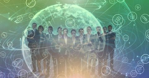 Business Team Standing Front Digital Globe Network Overlay - Download Free Stock Images Pikwizard.com
