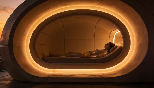Reclining woman in glowing oval pod wearing futuristic suit at dusk terrace city skyline