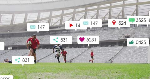 Integrated Media Icons Over Rugby Match in Stadium