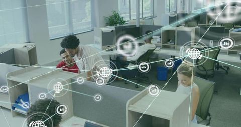 Collaborating team in modern open-plan office using network overlay to show connectivity