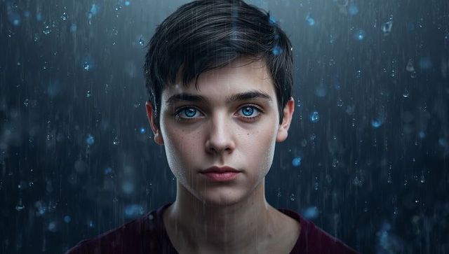 Staring teenager wearing burgundy shirt in rain with intense blue eyes, moody portrait
