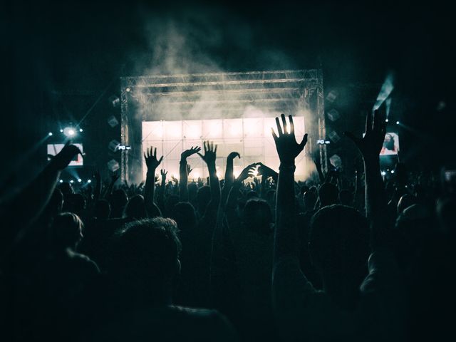 Audience is enthusiastically raising hands and enjoying a live music concert. Ideal for themes related to concerts, festivals, nightlife, entertainment, fan interactions, and musical events.