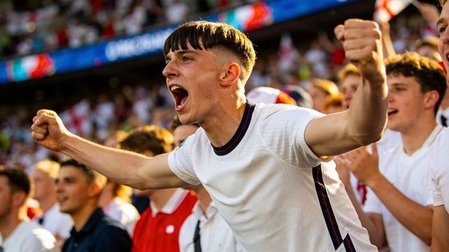 Passionate young fan shouting and cheering in stadium crowd, celebrating team victory