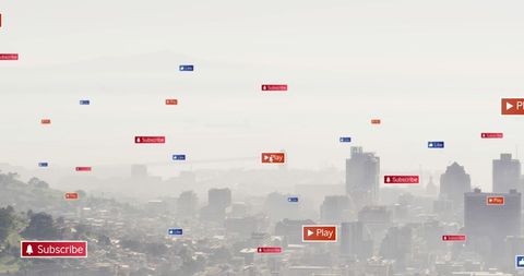Social Media Icons Over Urban Cityscape Network Concept