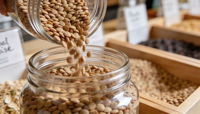 Pouring brown lentils into glass jar at bulk grocery counter for sustainable pantry stock