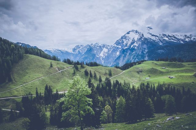 Scenic mountain landscape featuring snow-capped peaks and vibrant green meadows. Forests add richness and contrast to the breathtaking view. Suitable for websites and publications related to travel, nature, outdoor activities, environmental awareness, and relaxation.
