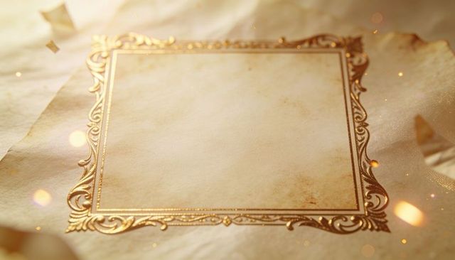 Shimmering gold ornate frame on vintage parchment background with embossed scrollwork and foiled bor