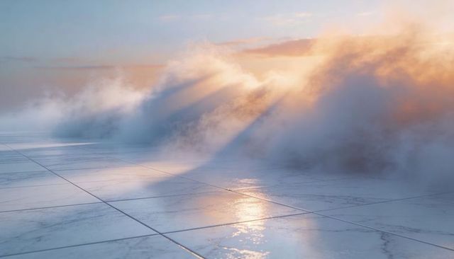 Sunset sunbeams piercing low cloud drift over wet reflective tiled marble grid