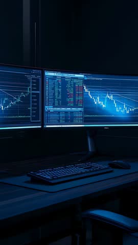 Displaying financial trading charts on curved monitors in dark workstation vertical video