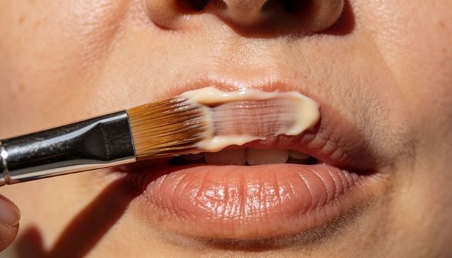 Applying beige lip primer with flat brush closeup showing skin texture and pore detail
