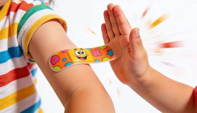 Child Applying Colorful Emoji Bandage on Arm, Sibling Helping — Playful First Aid Moment for Kids