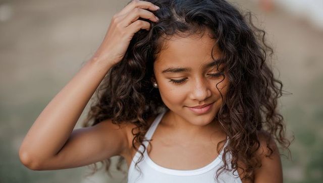 Teen girl combing curly hair in golden hour meadow wearing white tank top