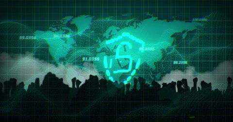 Digital shield icon over world map with crowd and data lines