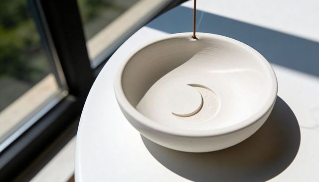 Matte ceramic incense holder bowl with crescent carving casting soft sunlight and shadow
