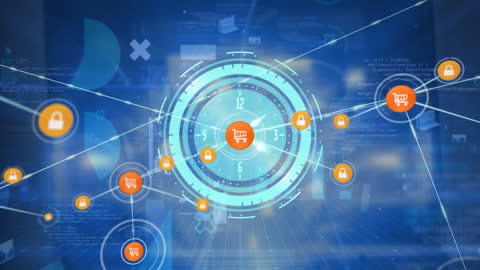 Abstract Digital Network with Shopping and Lock Icons Over Clock