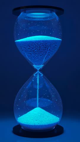 Glowing Cyan Hourglass Streaming Blue Sand in Vertical Video for Time-Lapse and Countdown
