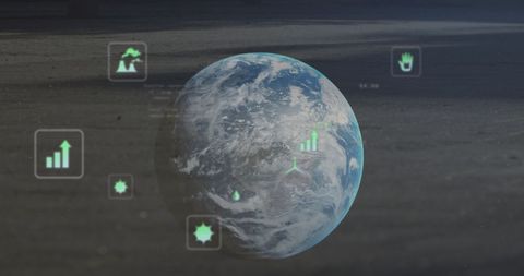 Holographic globe with data and technology icons