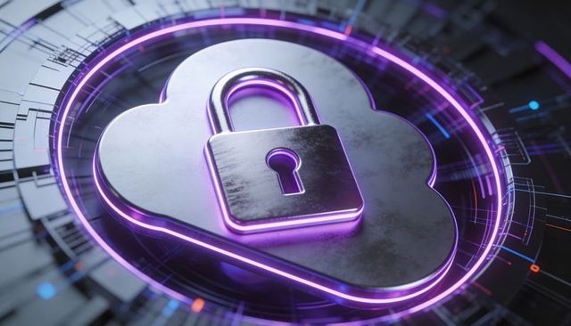 Neon Cloud Lock Security Interface with Futuristic Circuit Hub and Purple Glow