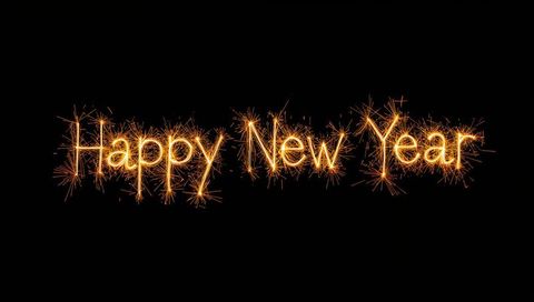 Glowing Sparkler Happy New Year Text on Black Background for Holiday Greetings