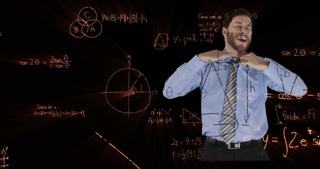 Image of data processing and mathematical equations over male teacher. global business, data processing, technology and connection concept digitally generated image.