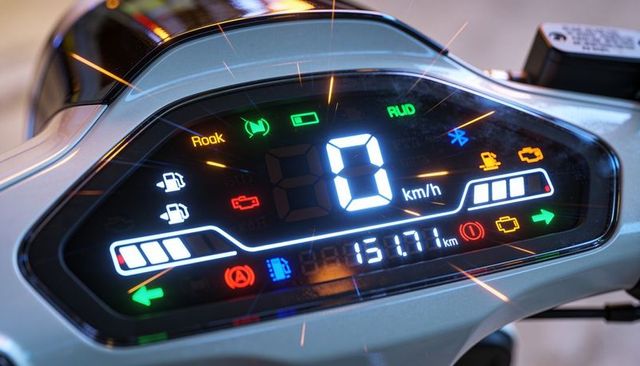 Electric scooter digital dashboard showing 0 km/h speed and battery bars in showroom