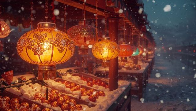 Illuminated golden lanterns with snowfall in festive market