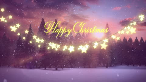 Christmas Greeting with Twinkling Star Lights in Forest