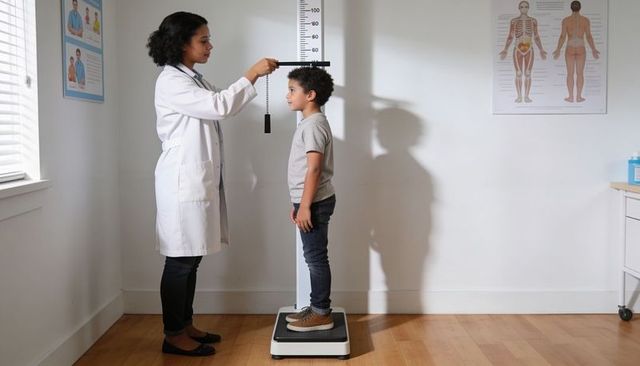 Female clinician measuring young boy height on stadiometer during pediatric wellness visit