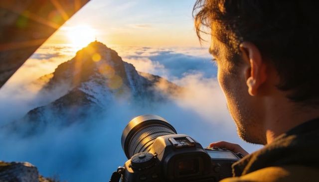 Photographer capturing golden hour sunrise on mountain summit above sea of clouds with telephoto len