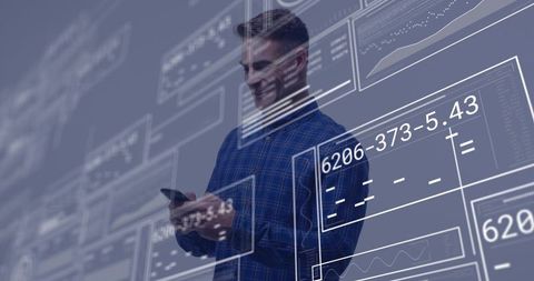 Business Professional Interacting with Holographic Data Interface Using Smartphone and Analytics