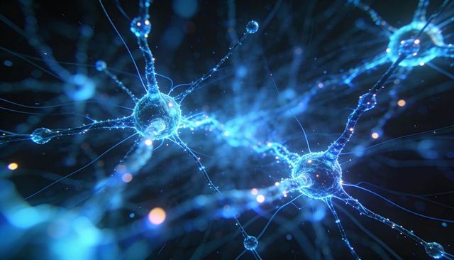 Glowing neural network sending pulses forming synapse connections in blue digital visualization