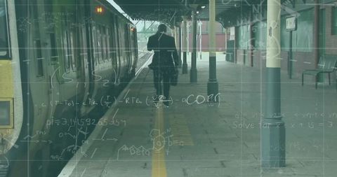 Business commuter walking on quiet train platform with chalkboard math overlay and grid