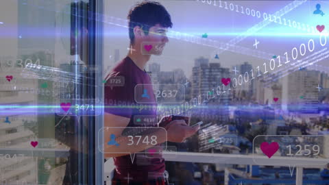 Man Engaging with Social Media Amid Digital Interfaces