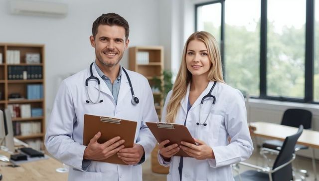 Two Doctors Analyzing Medical Charts in Modern Clinic