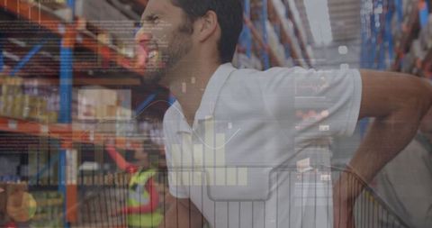 Shopper Examining Digital Data Over Store Shelves in Retail Aisle