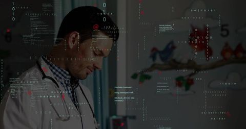 Doctor in pediatric ward with digital interface elements