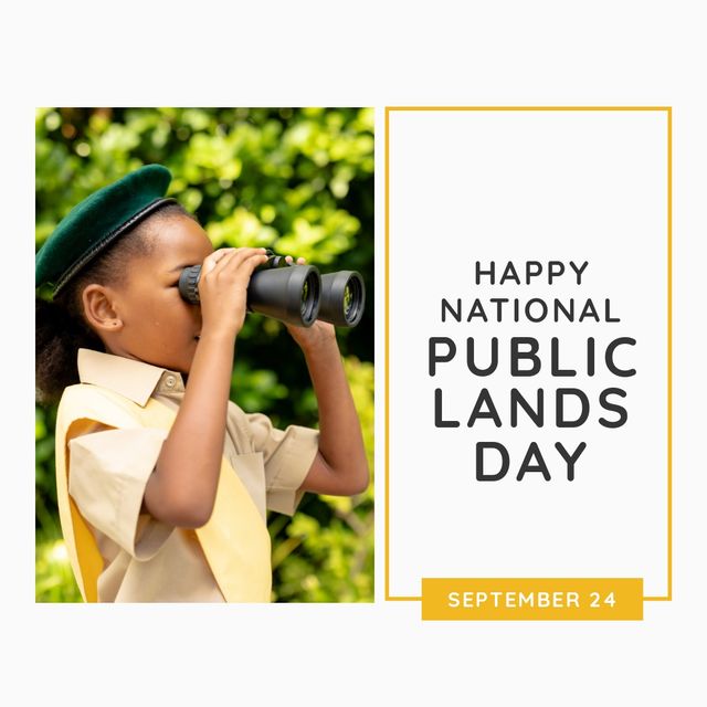African American girl using binoculars outdoors with National Public Lands Day text banner on September 24. Excellent for promoting environmental awareness, celebrating outdoor activities, and National Public Lands Day events.