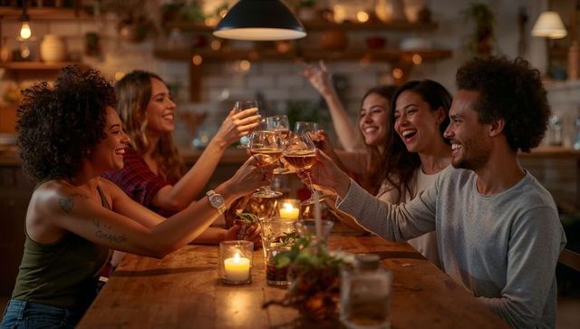 Friends clinking wine glasses around cozy rustic candlelit kitchen table celebrating together