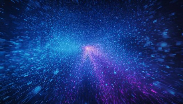 Vibrant digital tunnel with glowing particle streaks