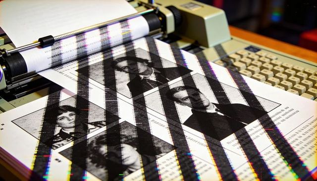 Vintage dot-matrix portrait roster printing on retro plotter roller with beige keyboard