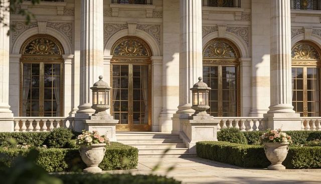 Neoclassical mansion entrance bathing in golden light with fluted columns and bronze doors